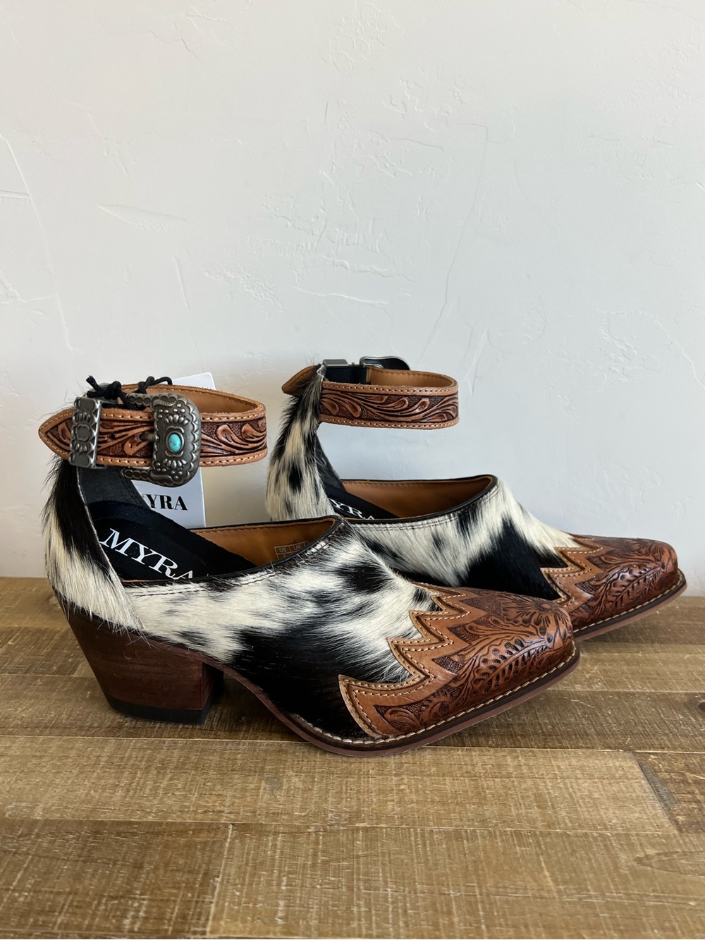 Myra Cowhide Mary Jane Mule Booties Tooled Leather Western Shoe 8